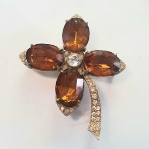 Vtg 1940s Joseph Weisner NY Amber Glass Flower Pin Brooch